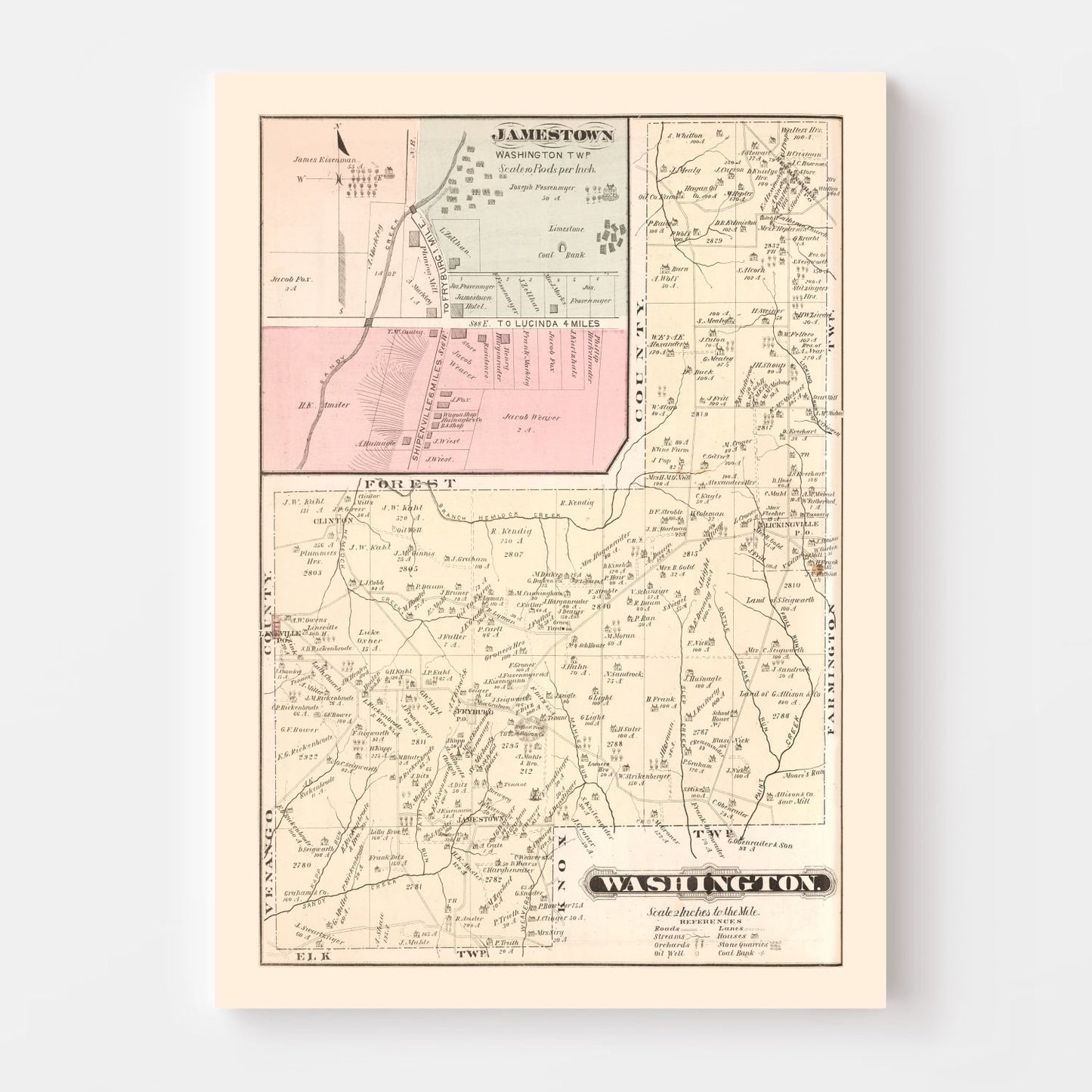 Vintage Map of Jamestown, Mercer County, Pennsylvania, 1877