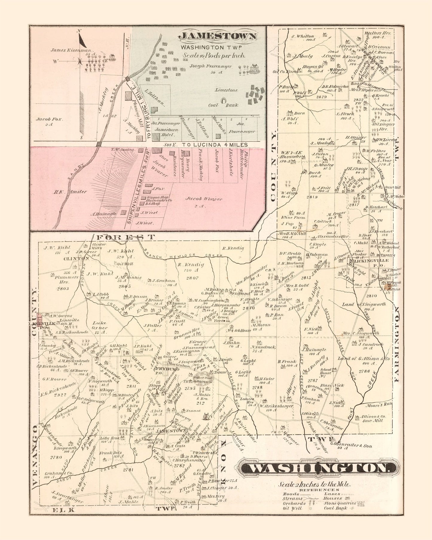 Vintage Map of Jamestown, Mercer County, Pennsylvania, 1877