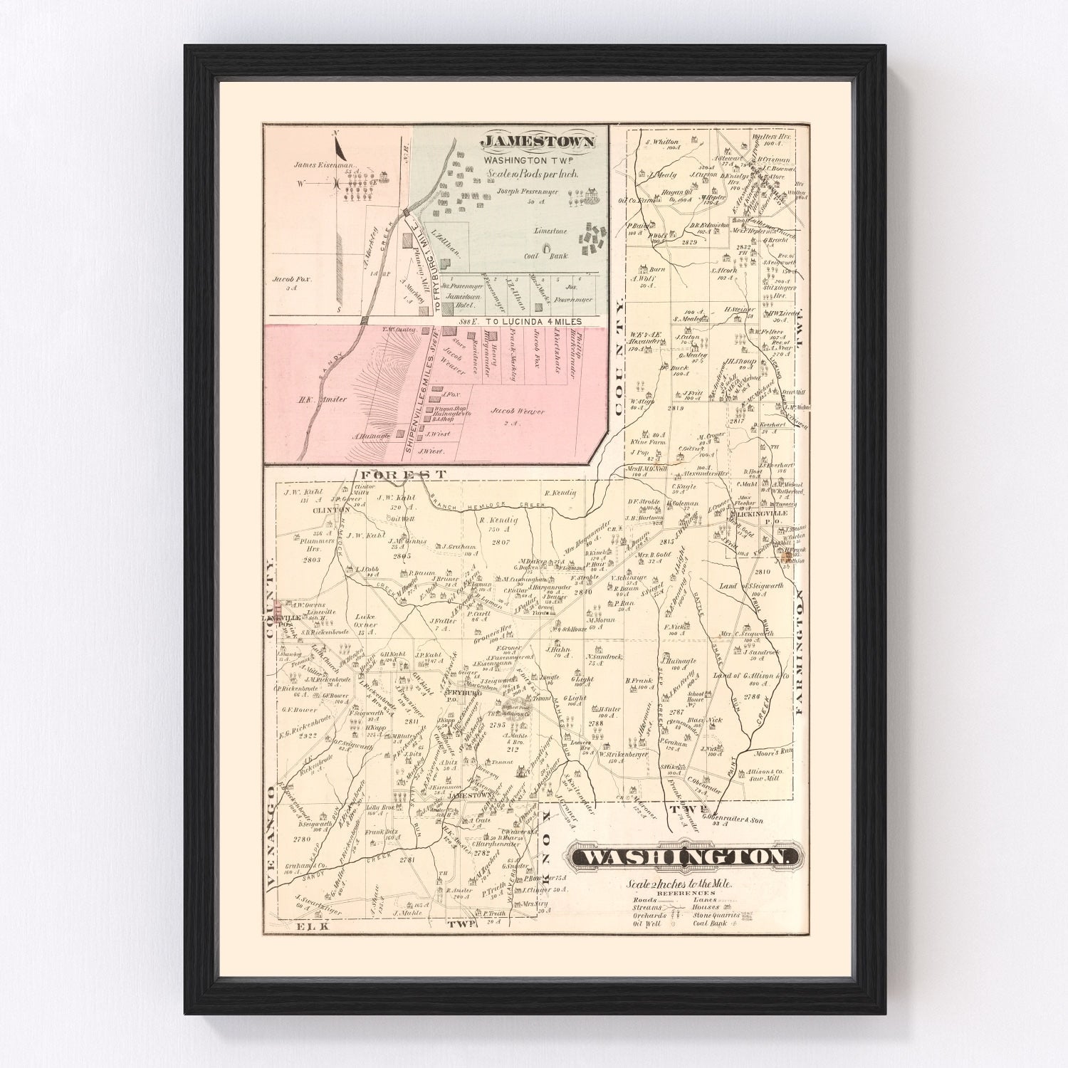 Vintage map of Jamestown, Pennsylvania, 1877