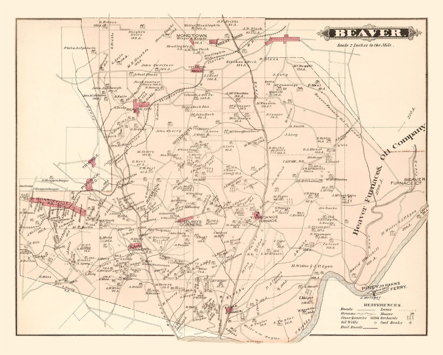 Vintage Map of Beaver, Pennsylvania, 1877