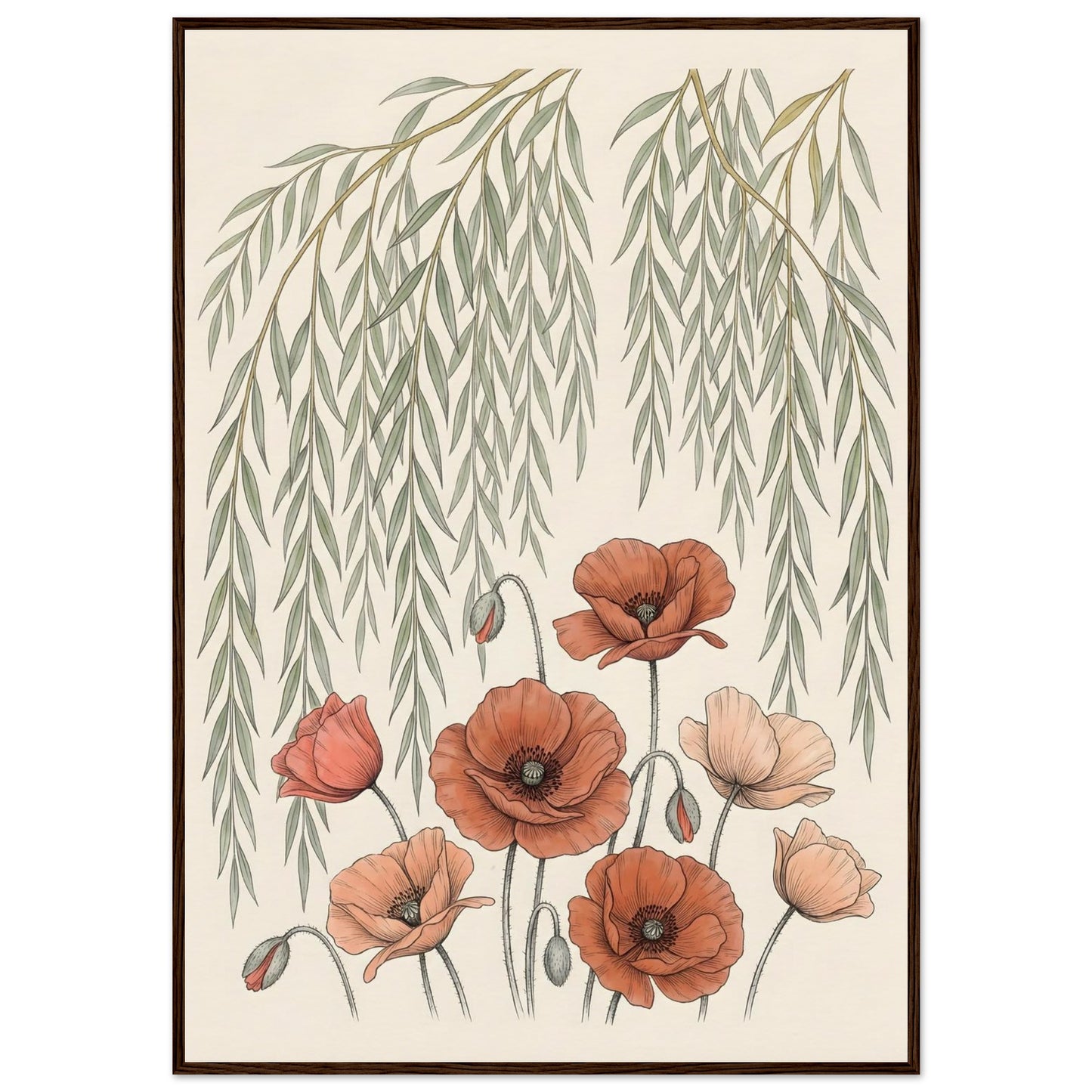 Willow Tree and Poppy Botanical 9th Anniversary Wall Art - 70x100 cm / 28x40″ / Museum-Quality Matte Paper Wooden Framed Poster - Dark wood frame - Sparkycare