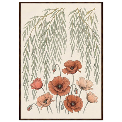 Willow Tree and Poppy Botanical 9th Anniversary Wall Art - 70x100 cm / 28x40″ / Museum-Quality Matte Paper Wooden Framed Poster - Dark wood frame - Sparkycare
