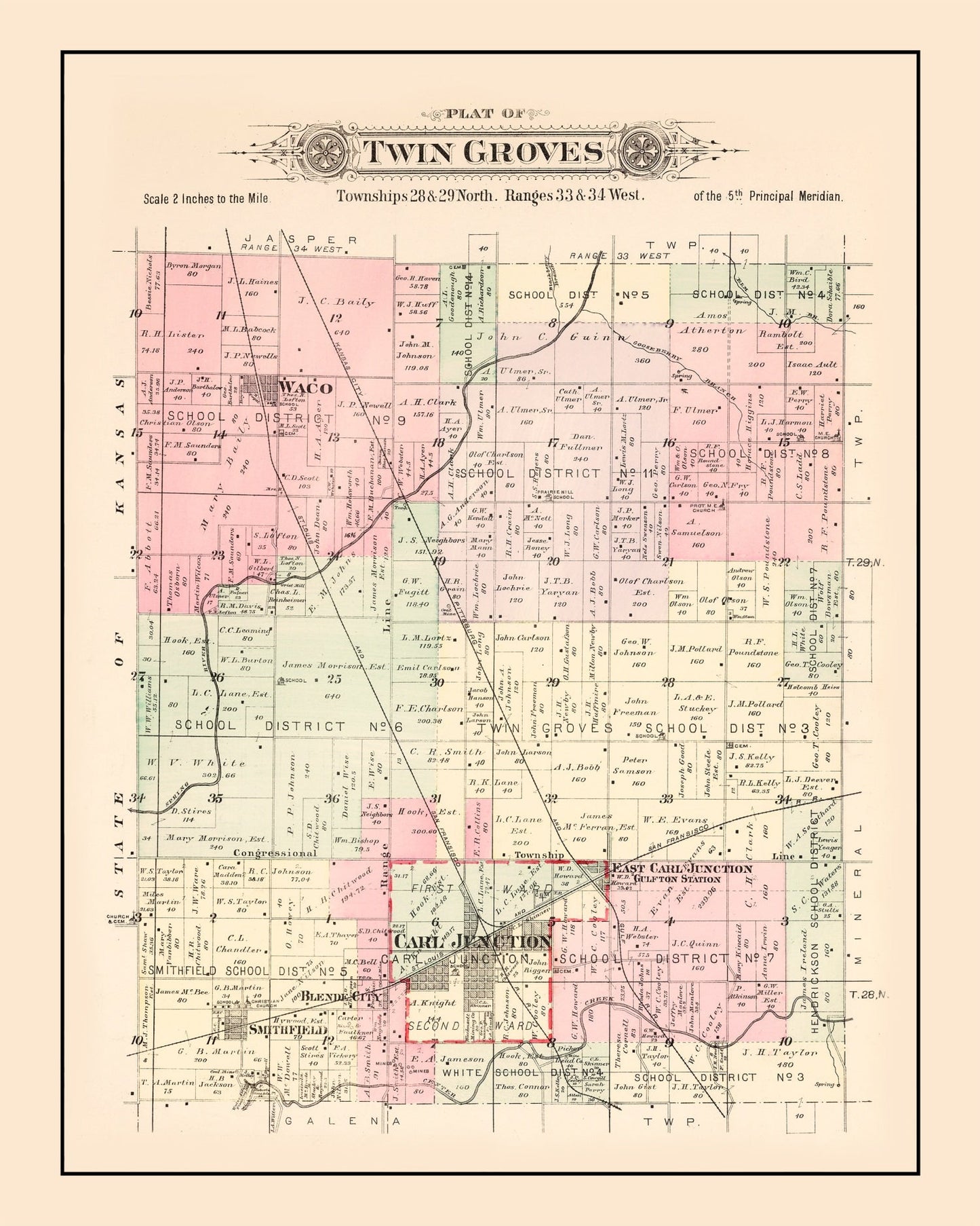 Vintage Map of Twin Groves Township, Jasper County, Missouri, 1895