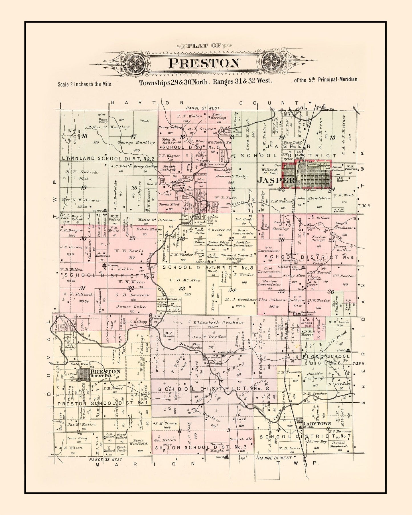 Vintage Map of Preston Township, Jasper County, Missouri, 1895