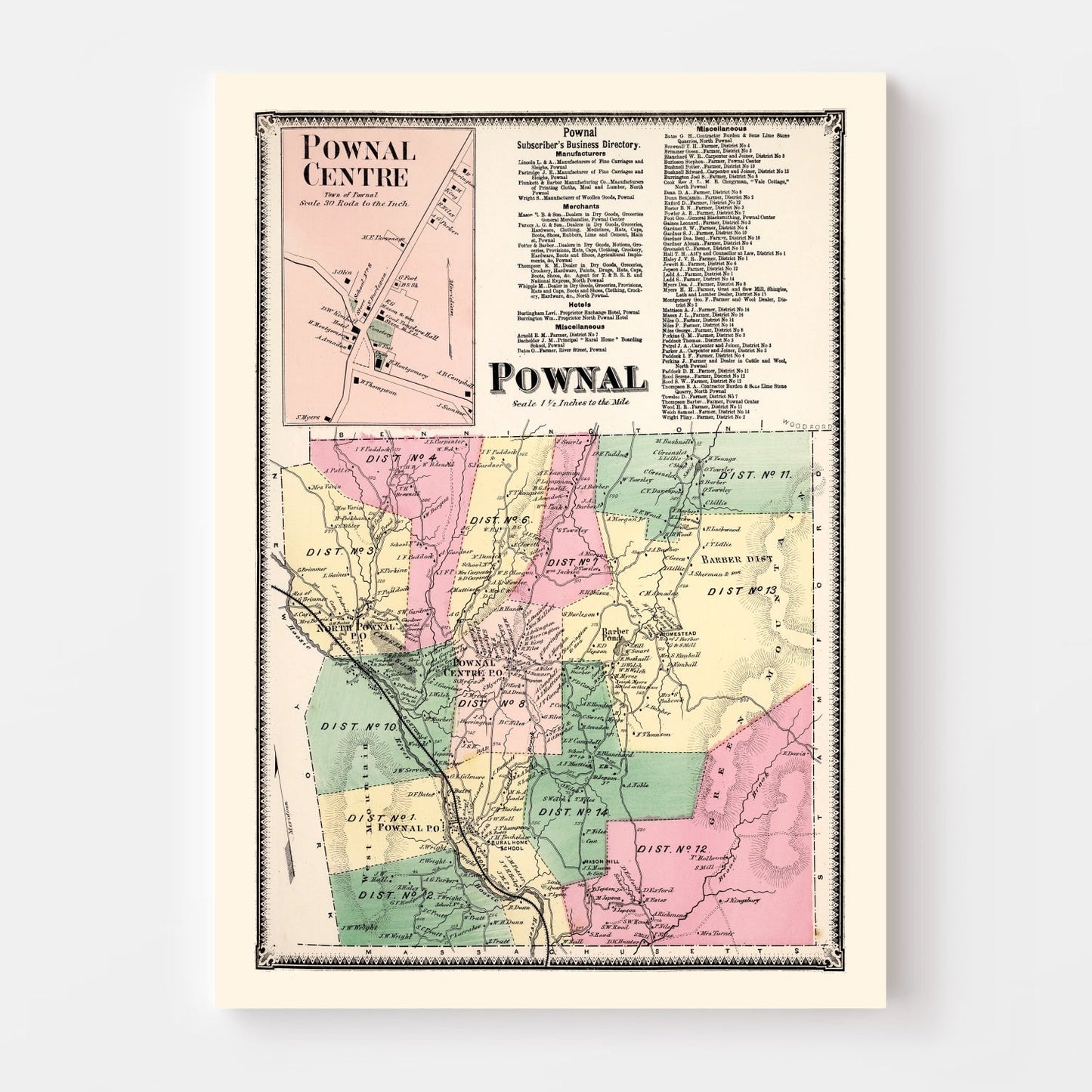 Vintage Map of Pownal Township, Bennington County, Vermont, 1869