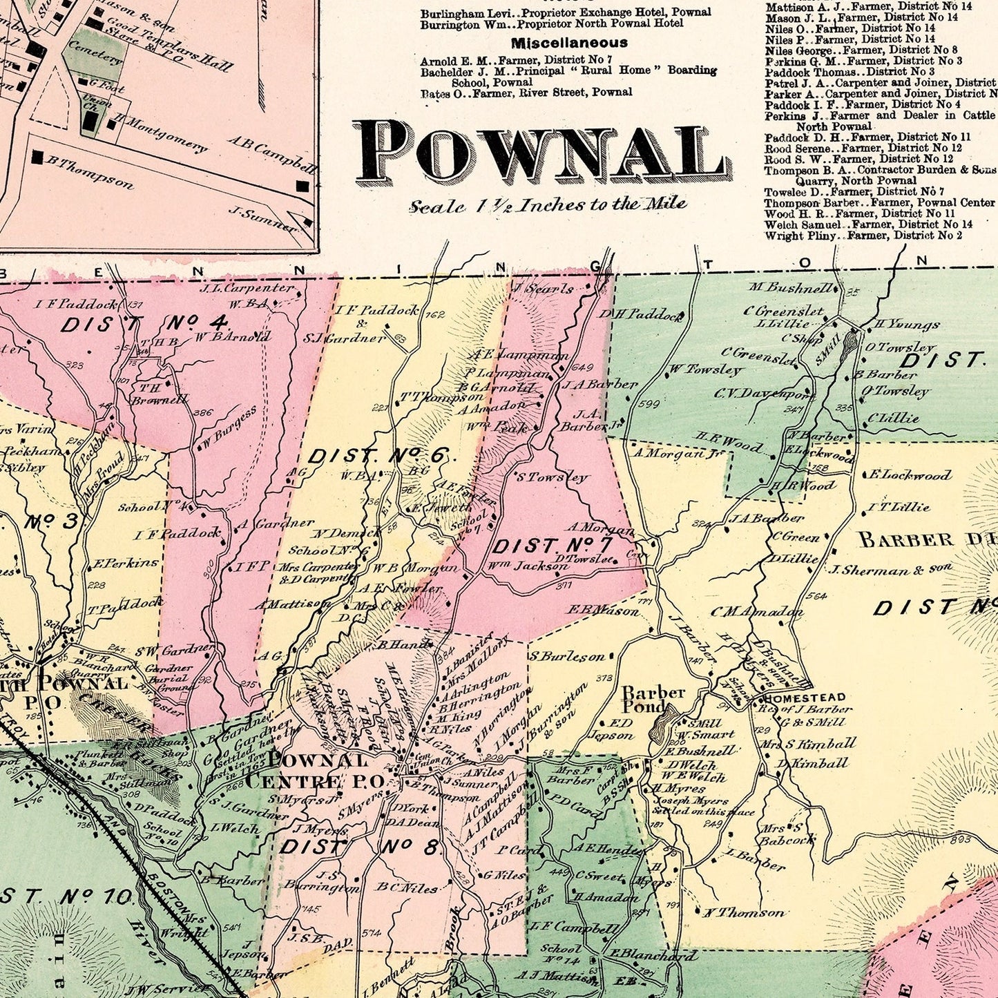 Vintage Map of Pownal Township, Bennington County, Vermont, 1869