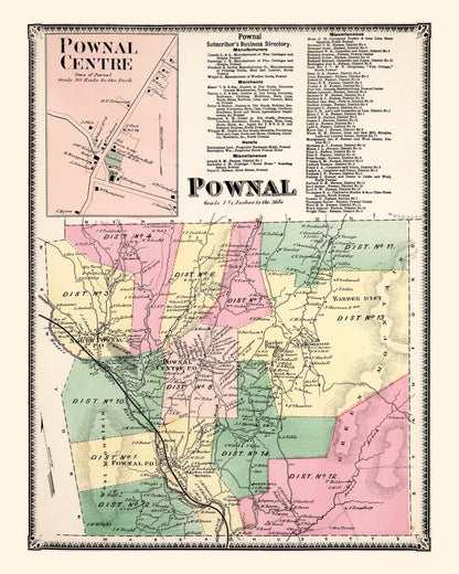 Vintage Map of Pownal Township, Bennington County, Vermont, 1869