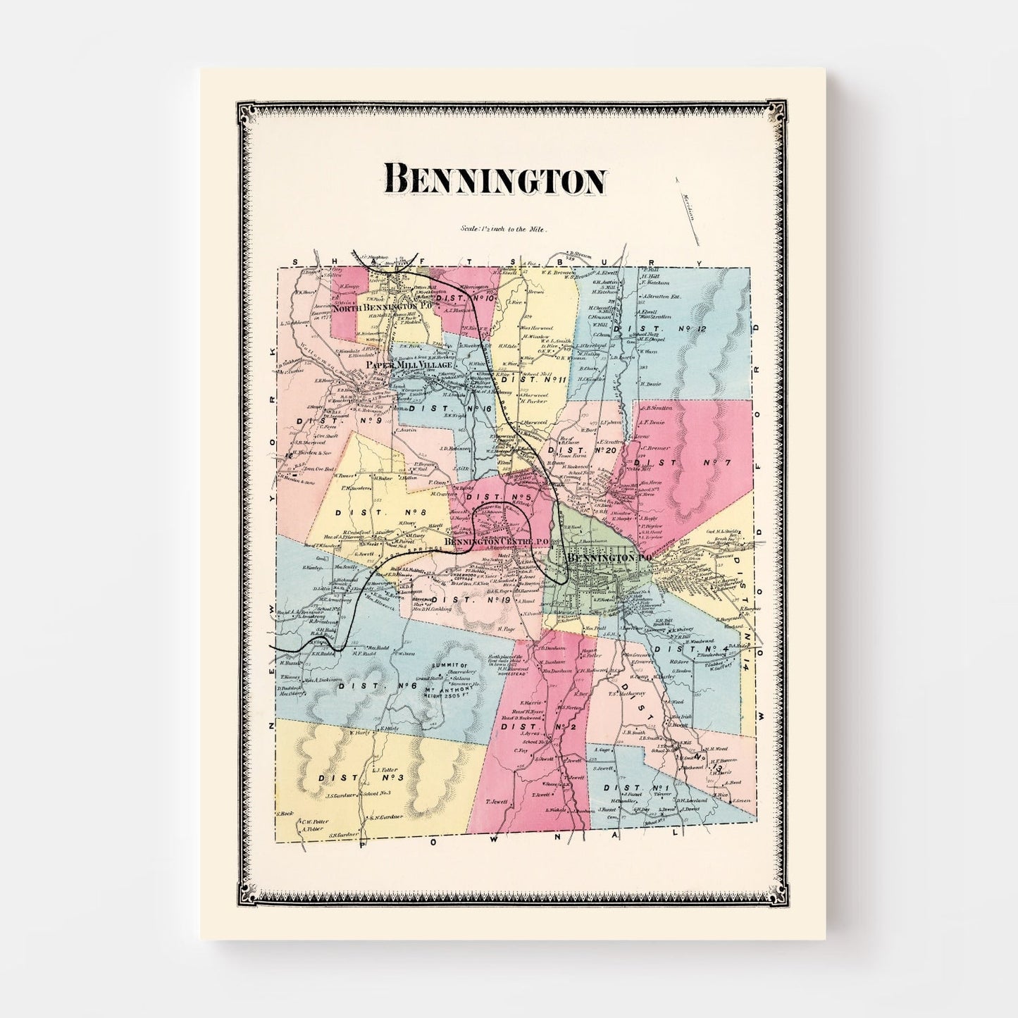 Vintage Map of Bennington Township, Vermont, 1869