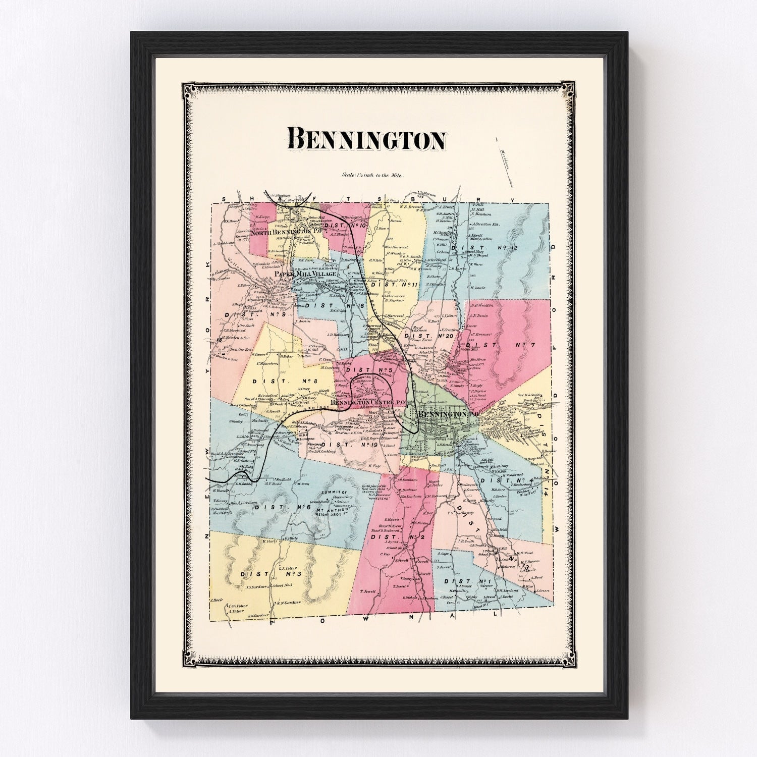 Vintage map of Bennington Township, Vermont, 1869
