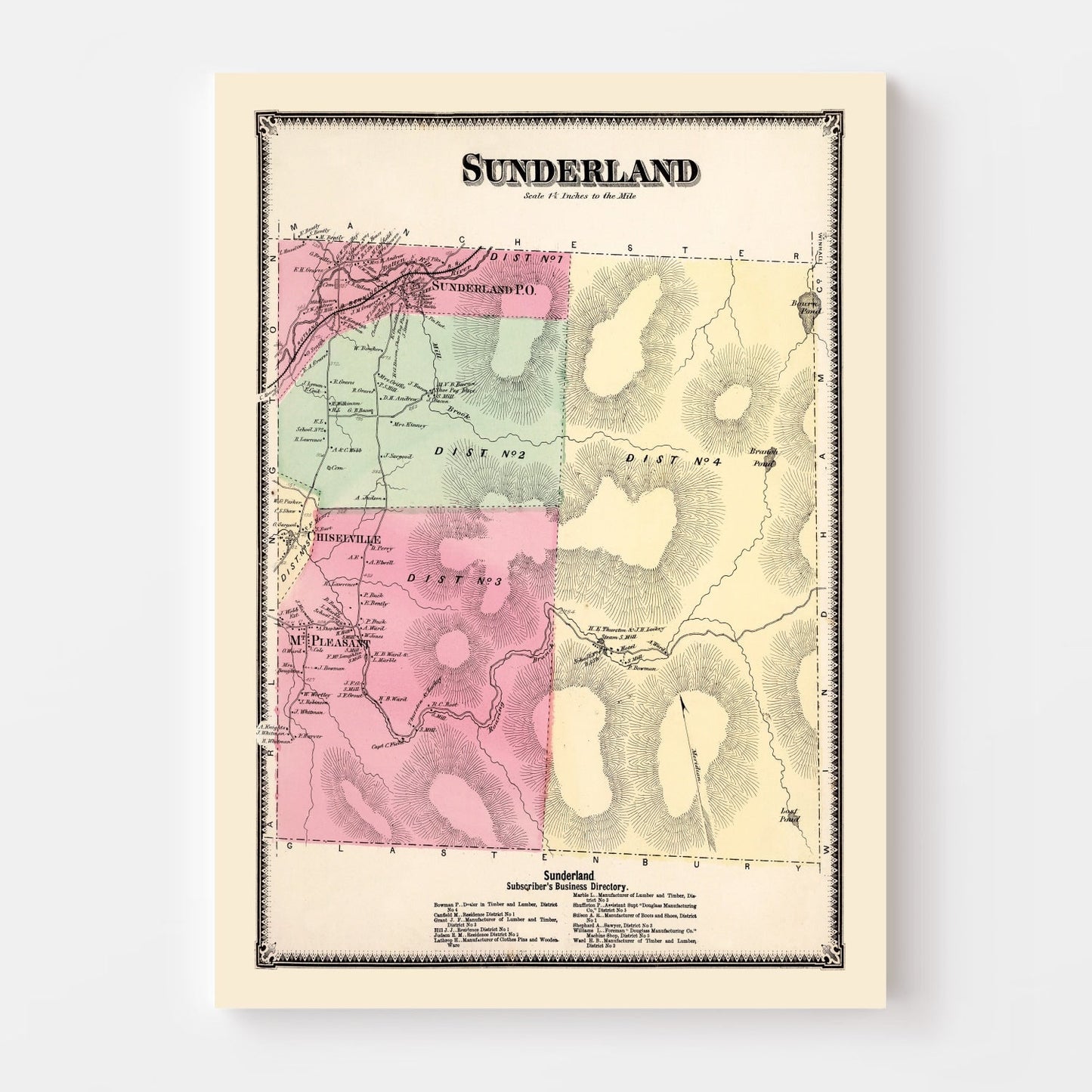 Vintage Map of Sunderland Township, Vermont, 1869