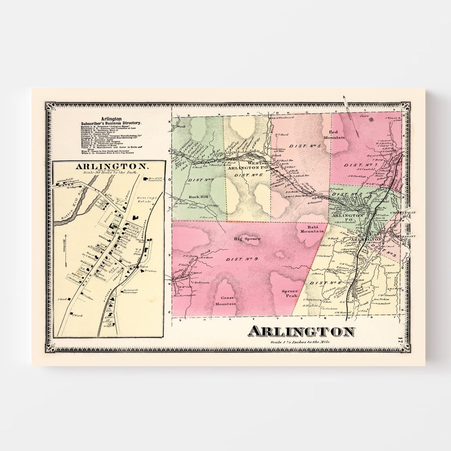 Vintage Map of Arlington Township, Vermont, 1869