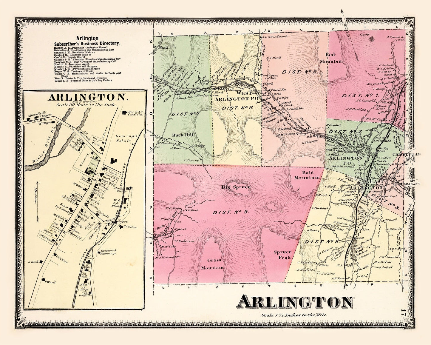 Vintage Map of Arlington Township, Vermont, 1869