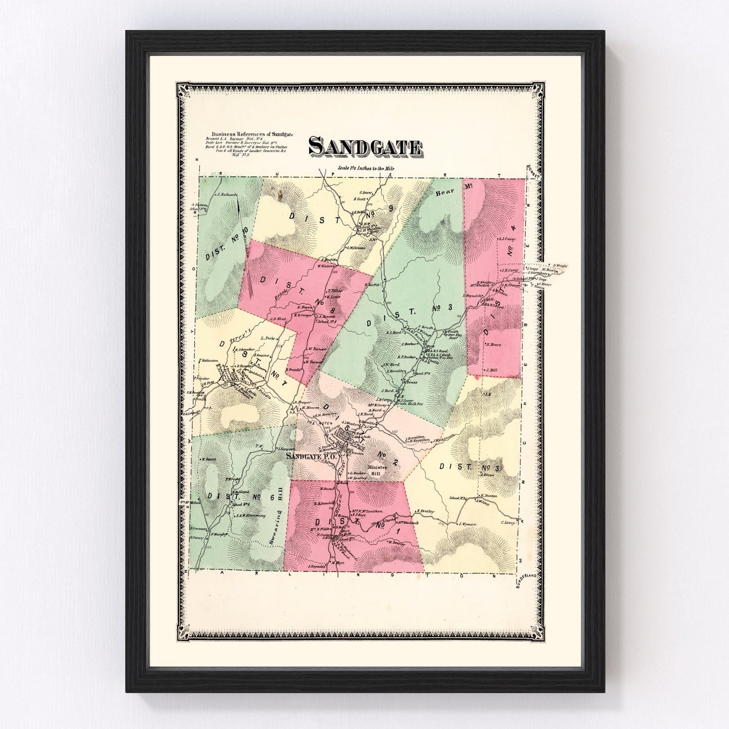 Vintage map of Sandgate Township, Bennington County, Vermont, 1869