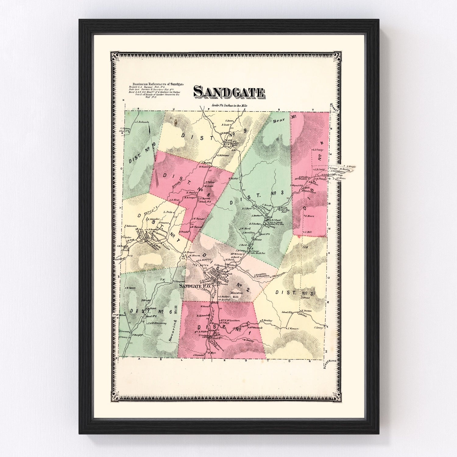 Vintage map of Sandgate Township, Bennington County, Vermont, 1869
