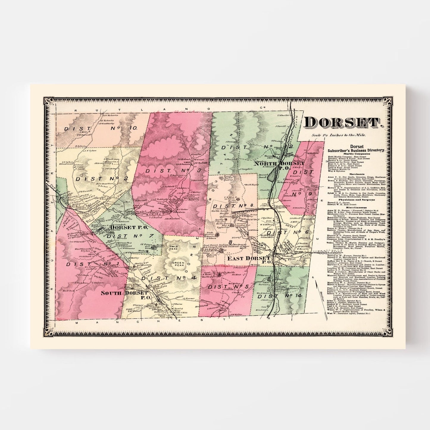 Vintage Map of Dorset, Bennington County, Vermont, 1869