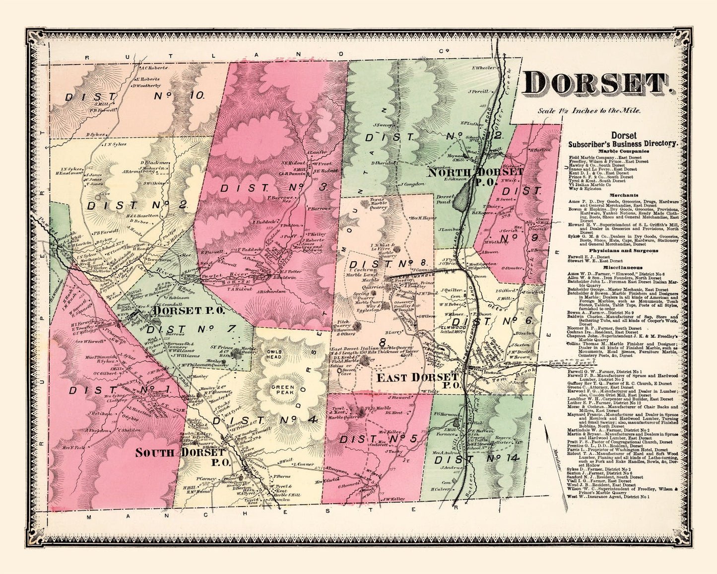 Vintage Map of Dorset, Bennington County, Vermont, 1869