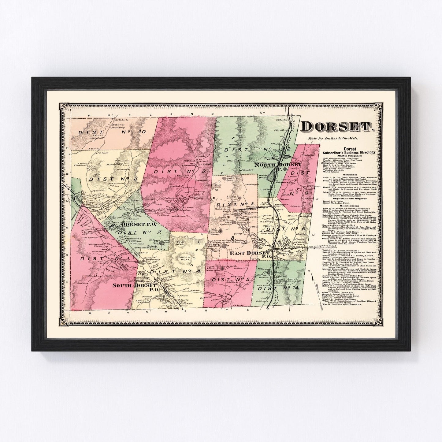 vintage map of dorset, bennington county, vermont, 1869