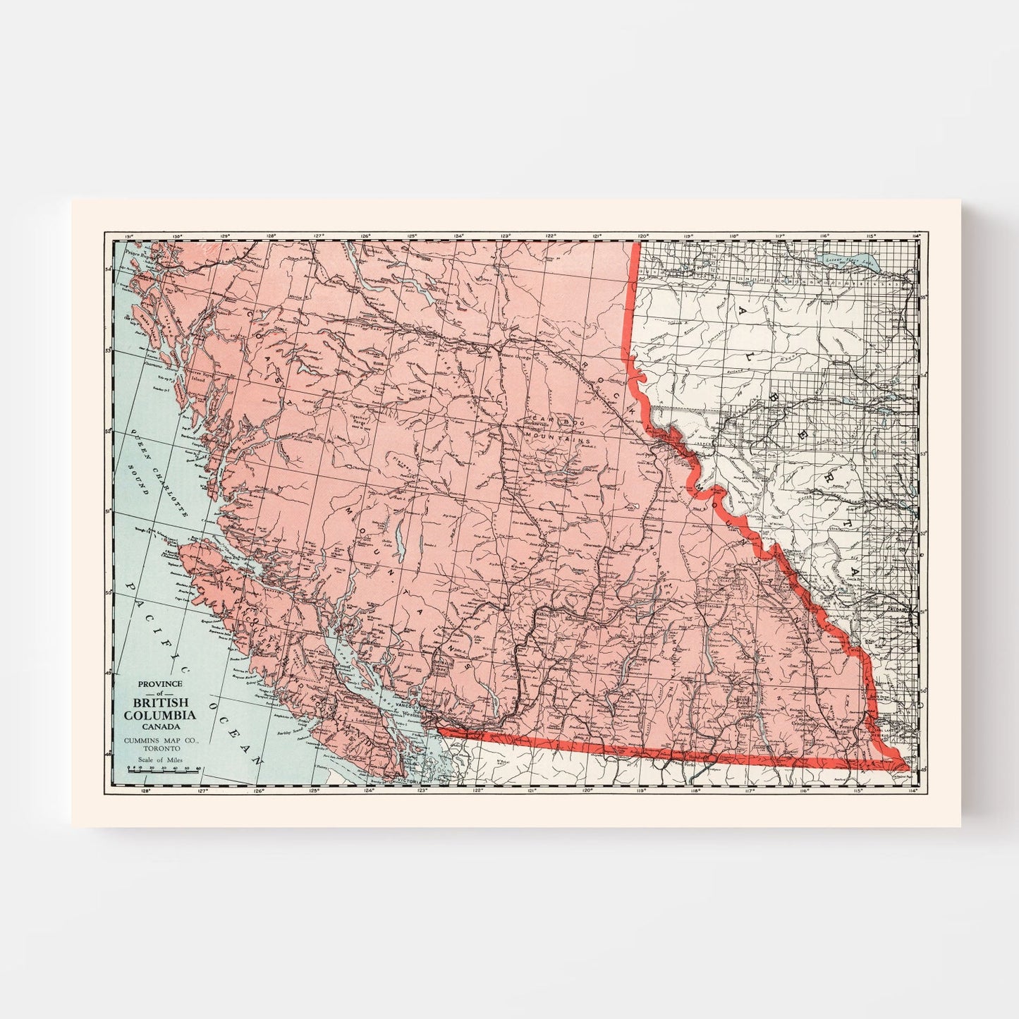 Vintage Map of British Columbia, Canada, 1925