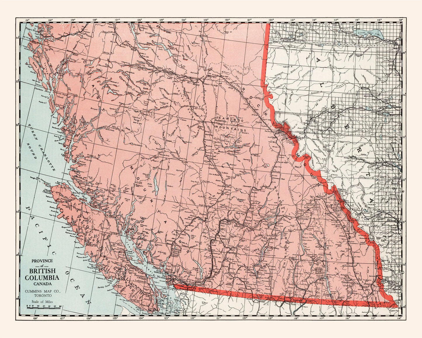 Vintage Map of British Columbia, Canada, 1925