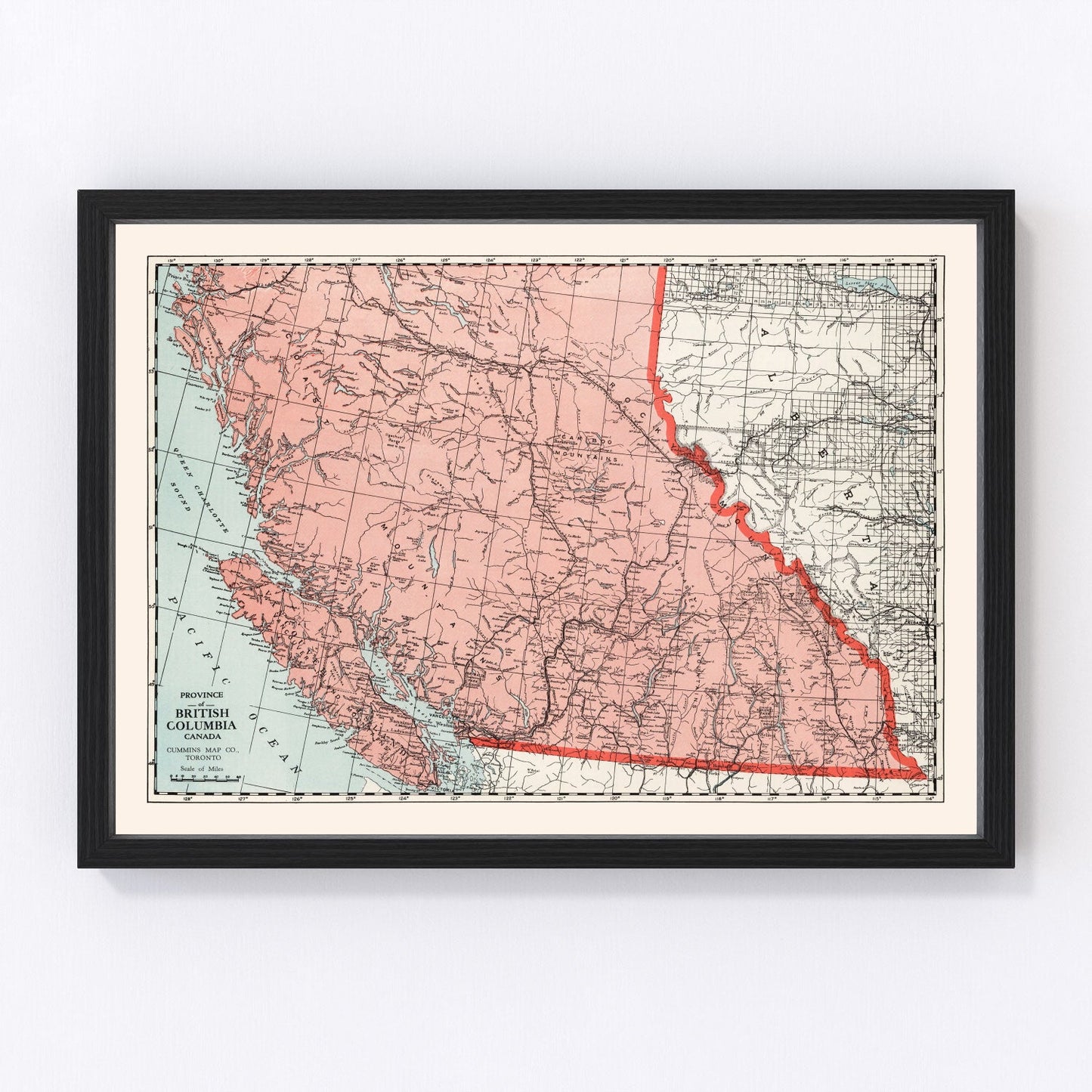 vintage map of British Columbia Canada 1925, restored print wall art
