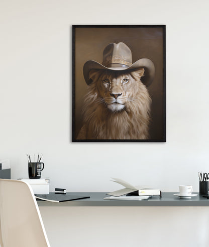 Lion Wearing a Western Cowboy Hat Framed Wall Art Print