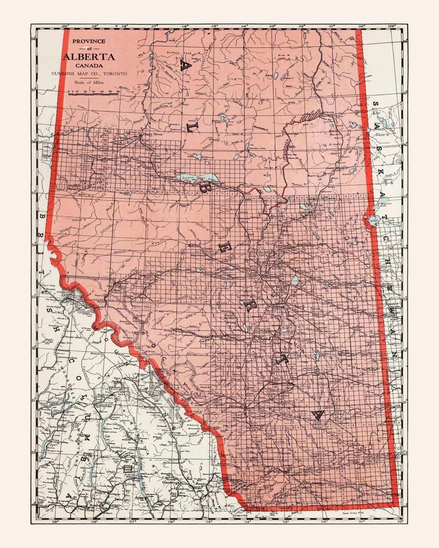 Vintage Map of Alberta, Canada, 1925
