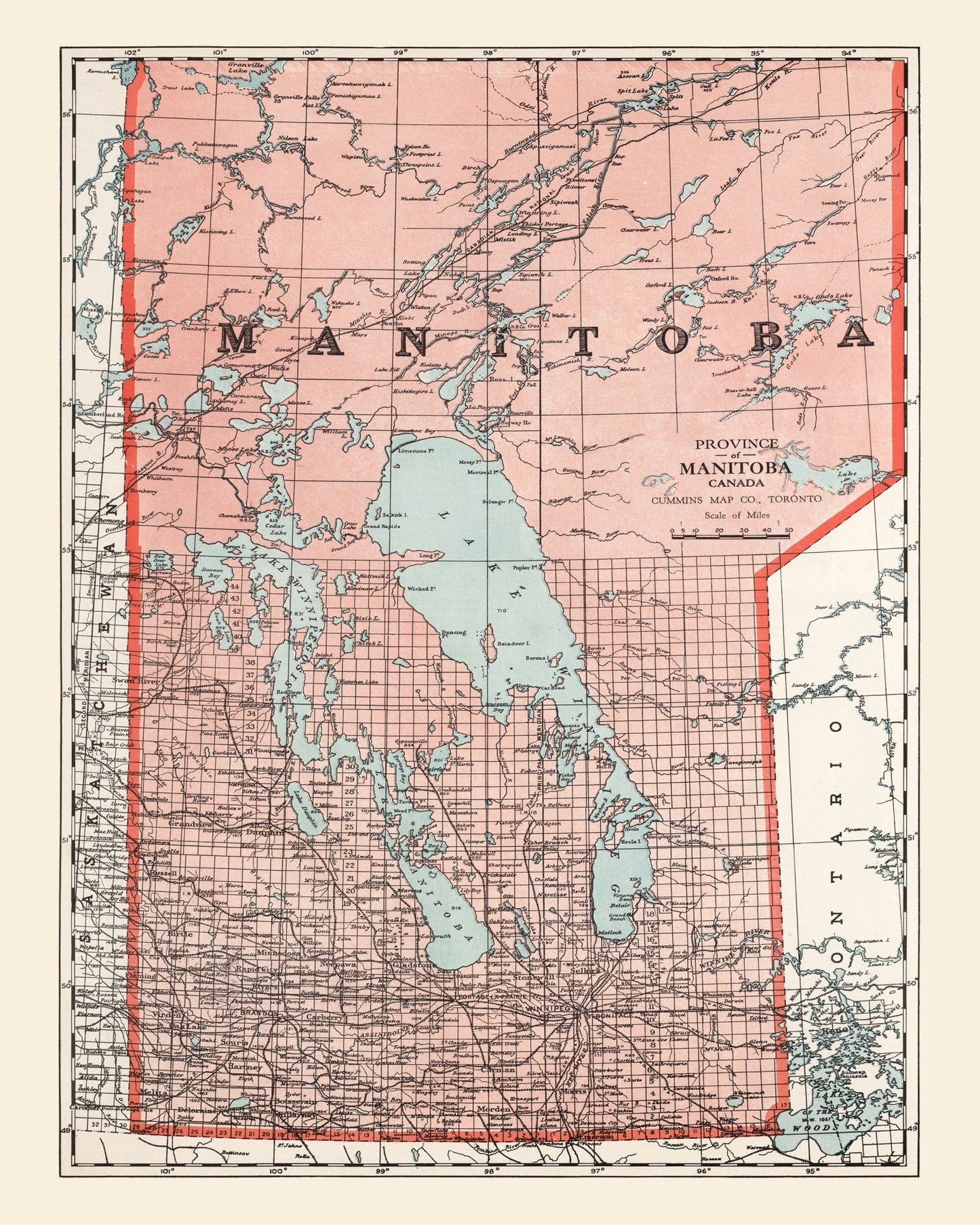 Vintage Map of Manitoba, Canada, 1925