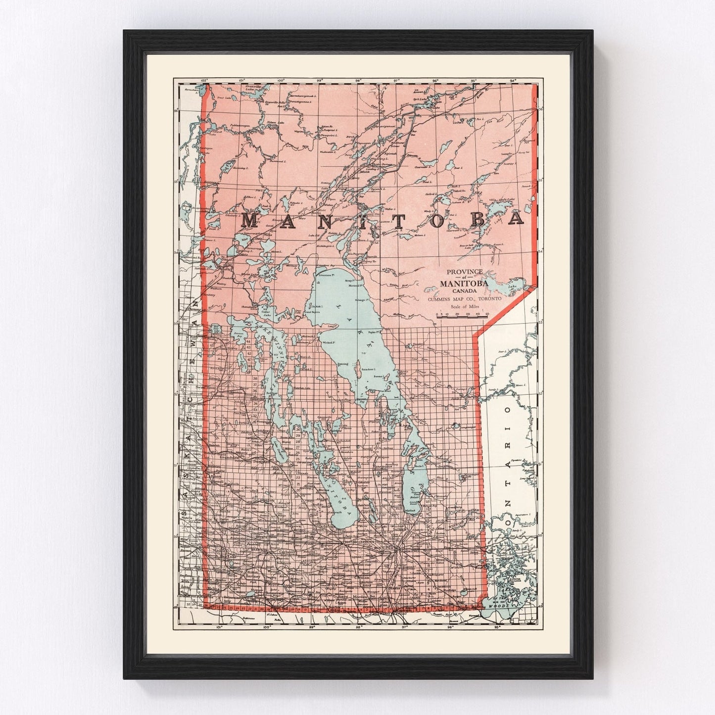 Vintage map of Manitoba, Canada, 1925