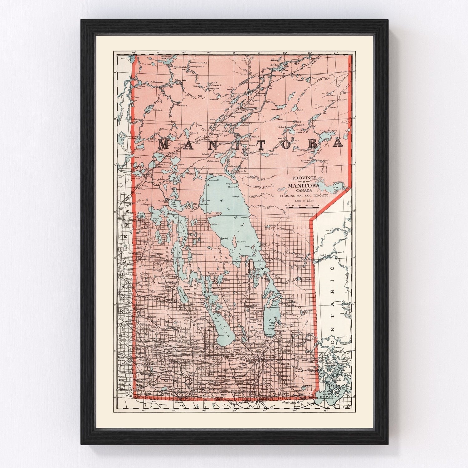 Vintage map of Manitoba, Canada, 1925