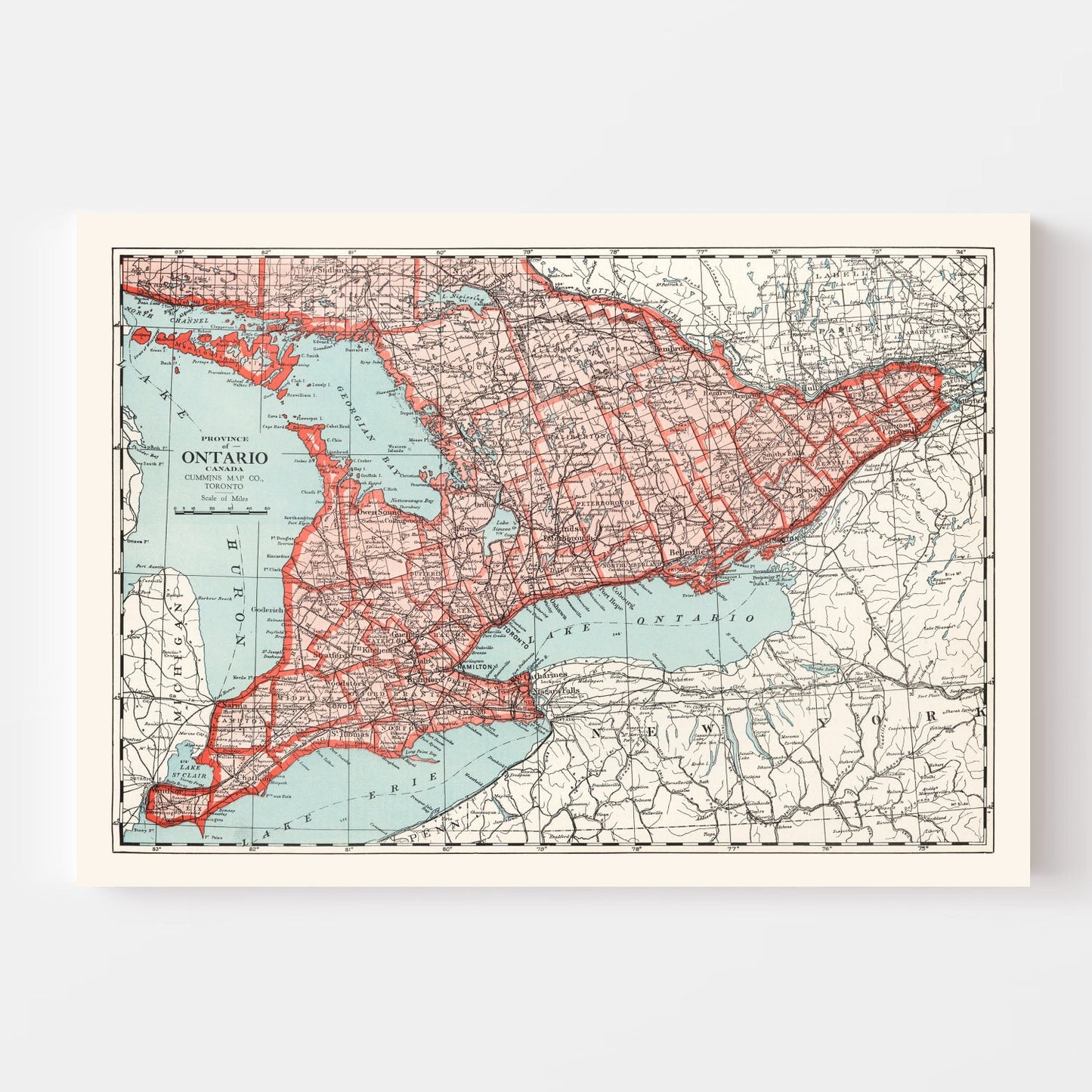 Vintage Map of Ontario, Canada, 1925