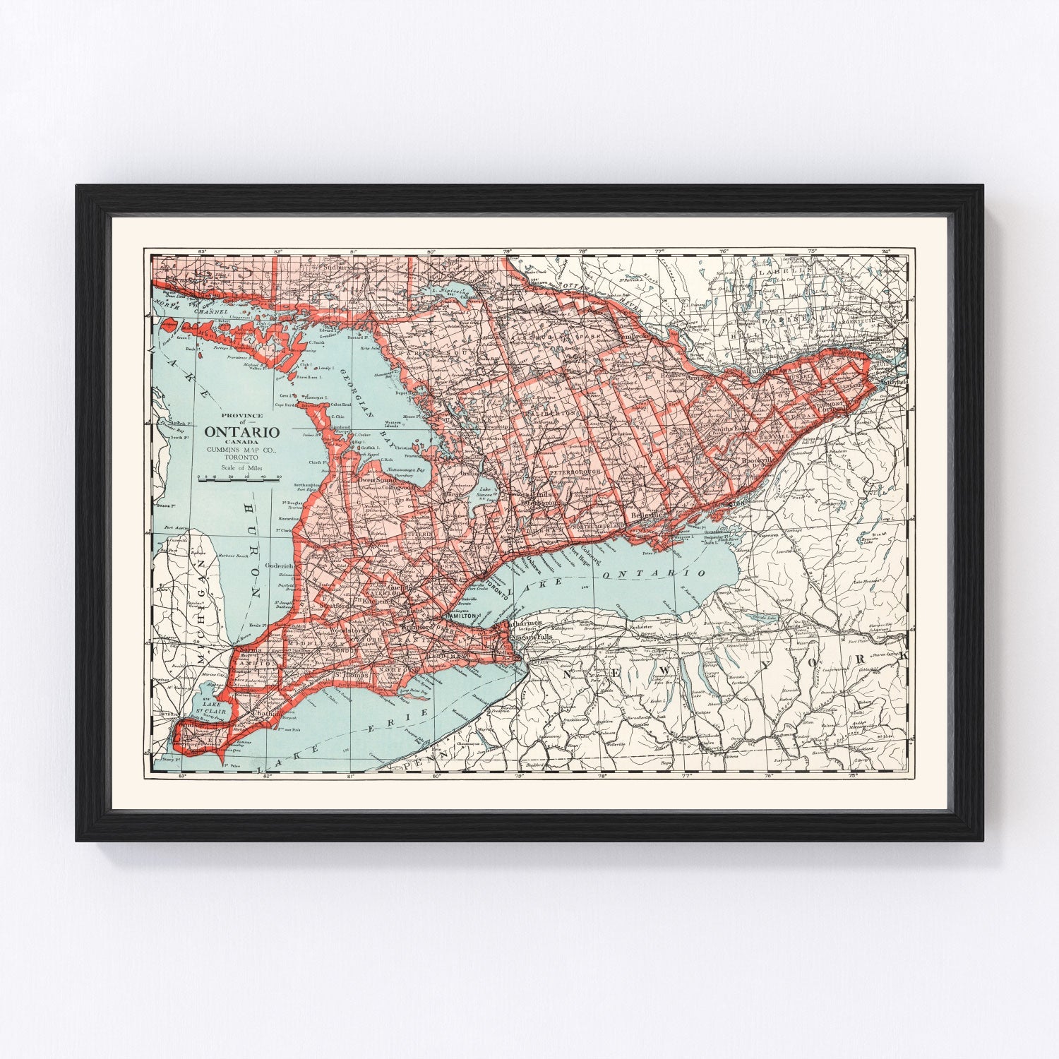 Vintage map of Ontario, Canada, 1925