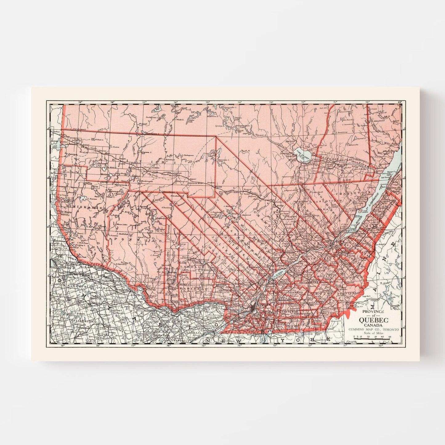 Vintage Map of Quebec, Canada, 1925
