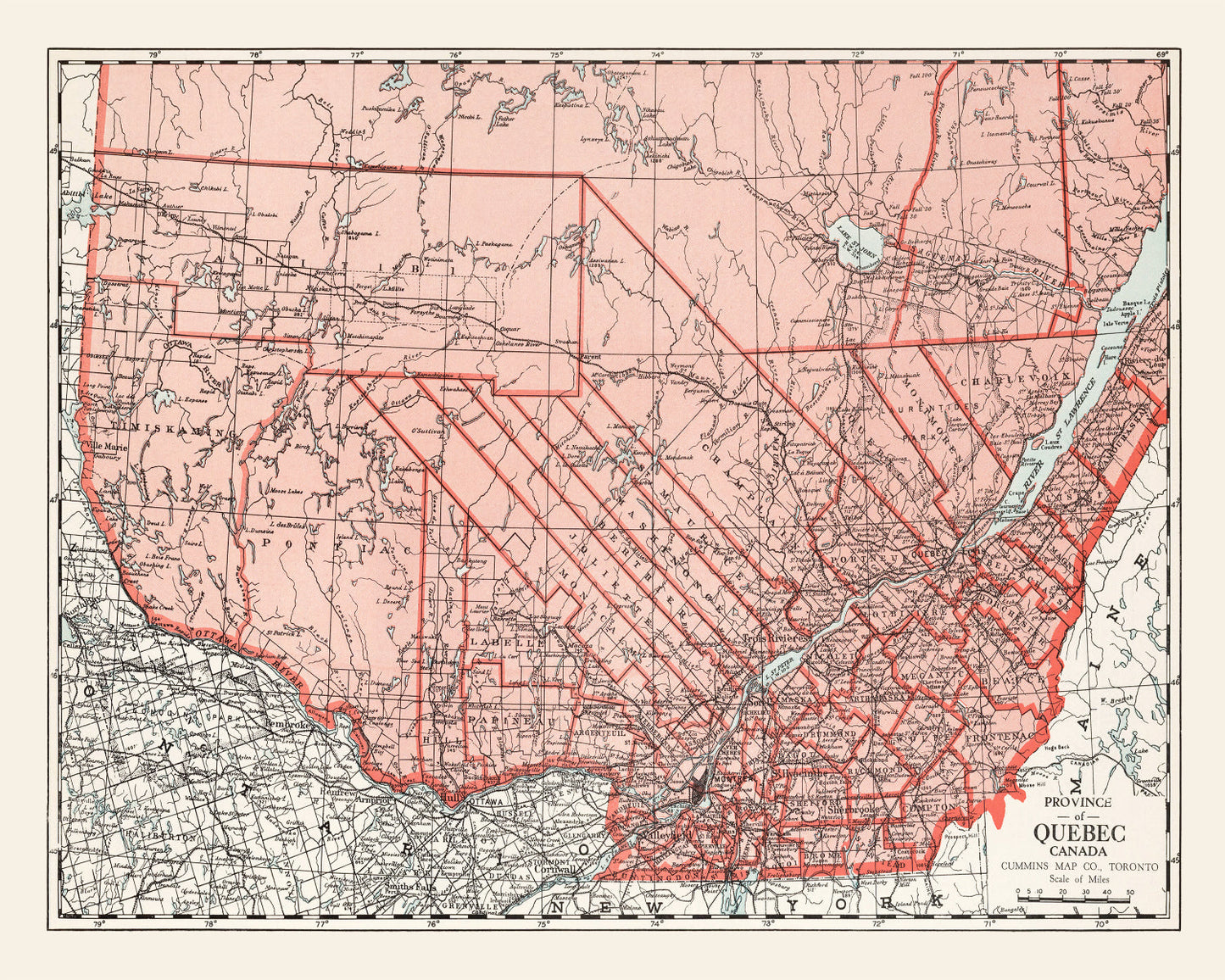 Vintage Map of Quebec, Canada, 1925