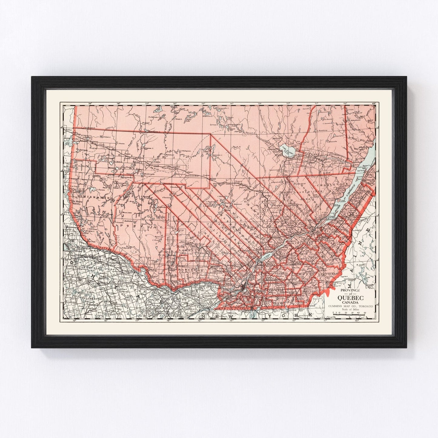 vintage map of Quebec, Canada, 1925