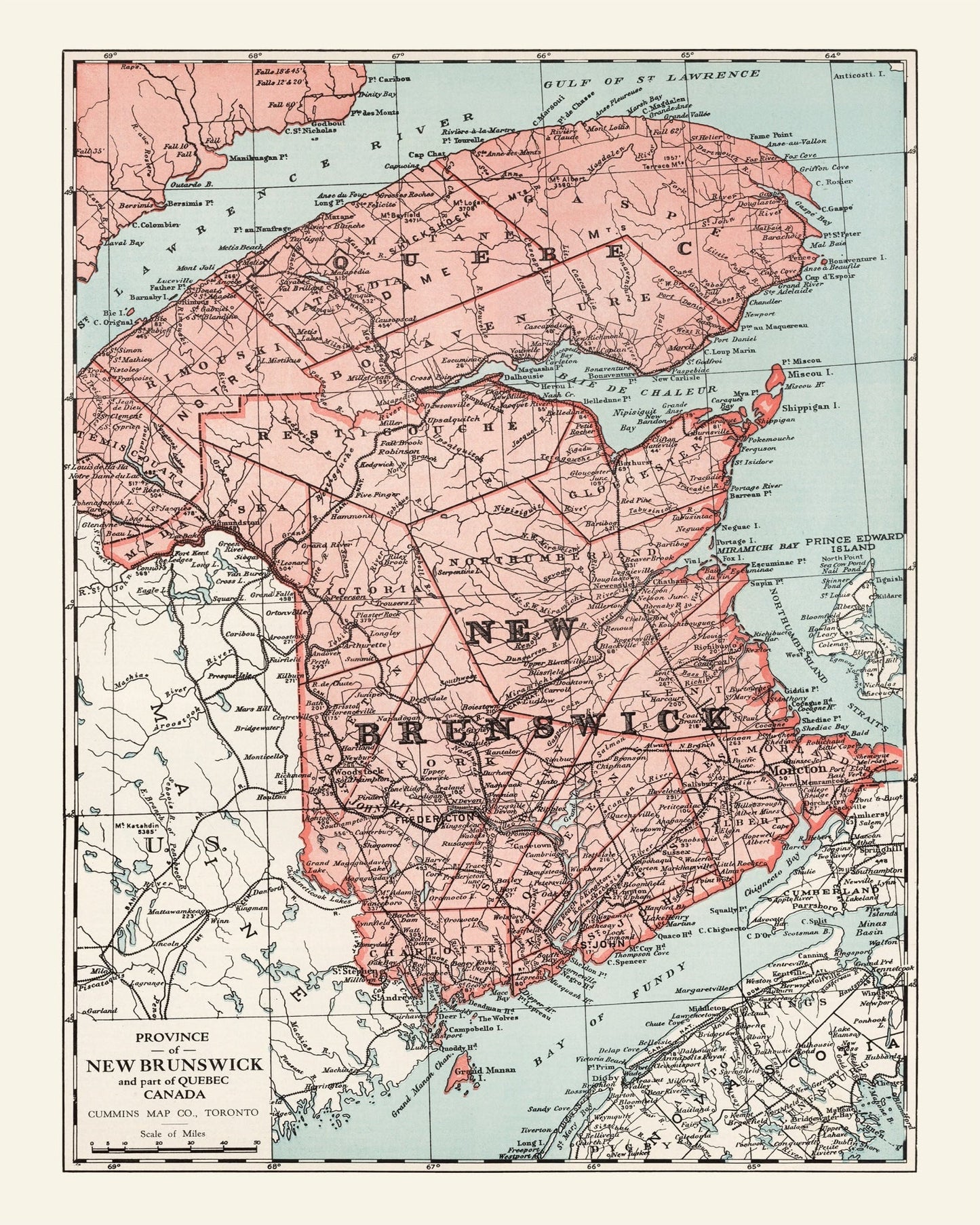 Vintage Map of New Brunswick, Canada, 1925