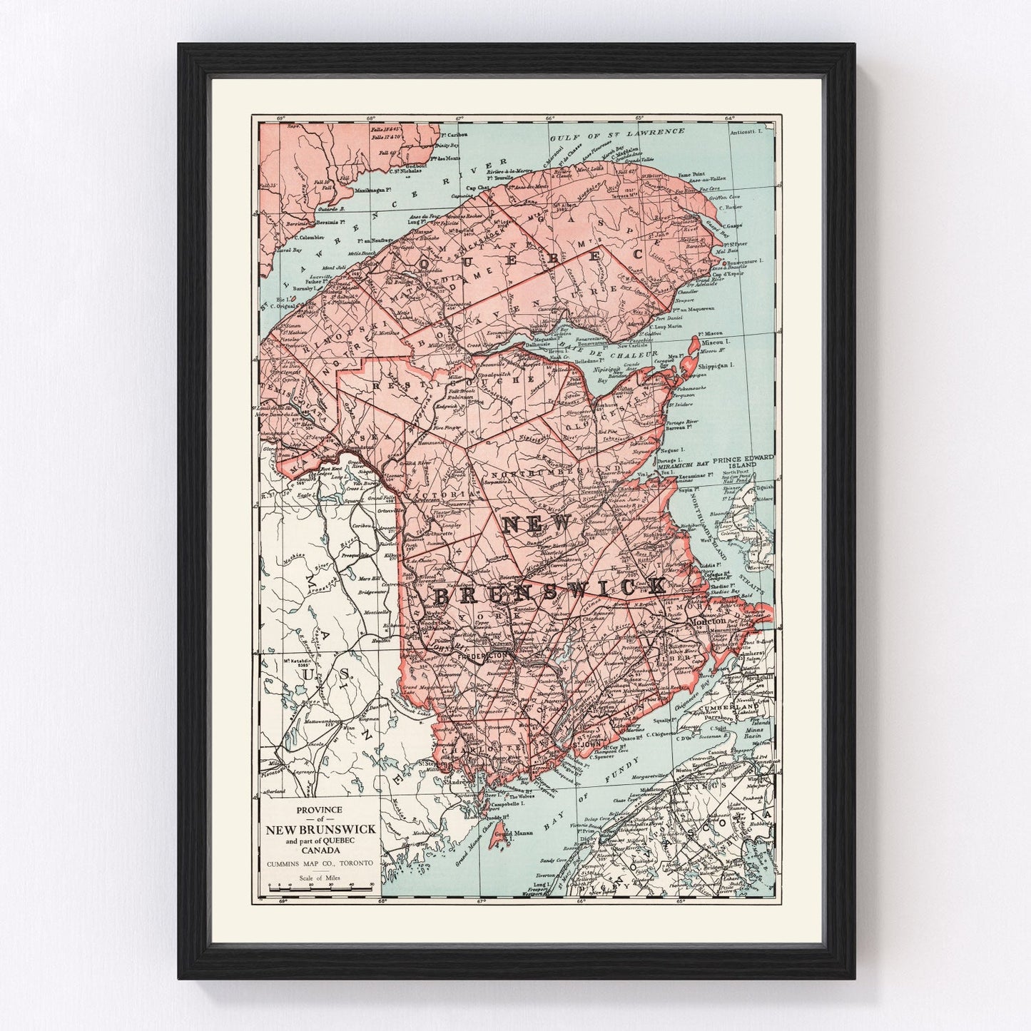 Vintage map of New Brunswick, Canada, 1925