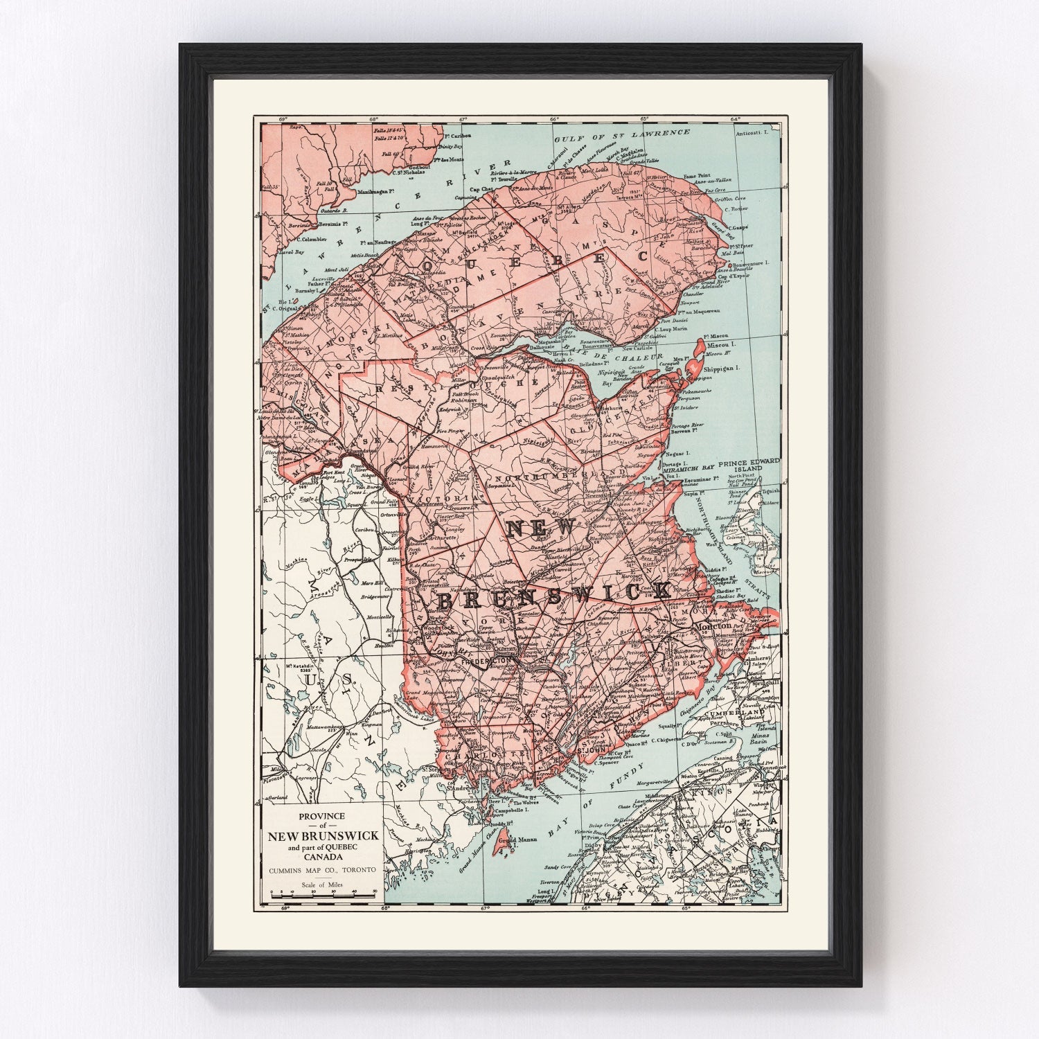 Vintage map of New Brunswick, Canada, 1925