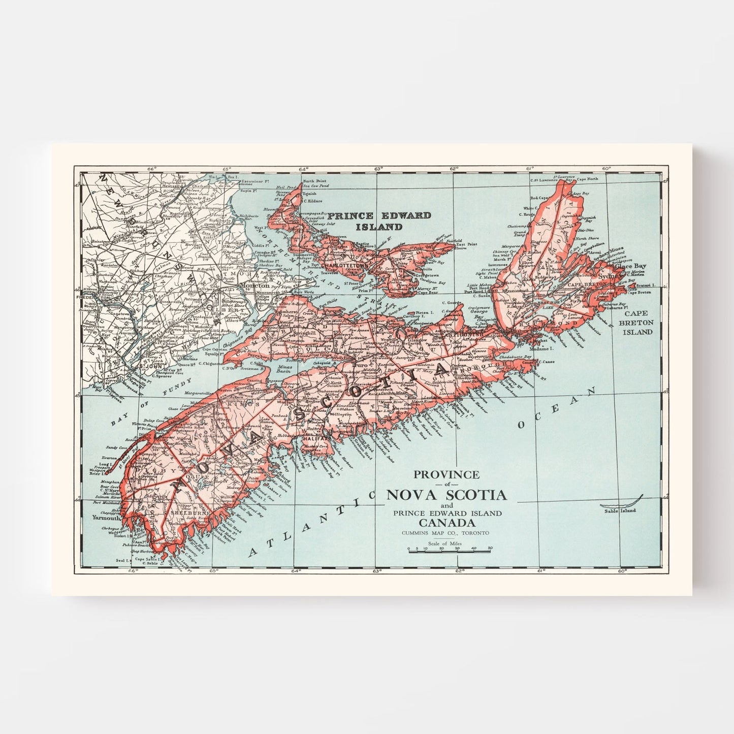 Vintage Map of Nova Scotia, Canada, 1925