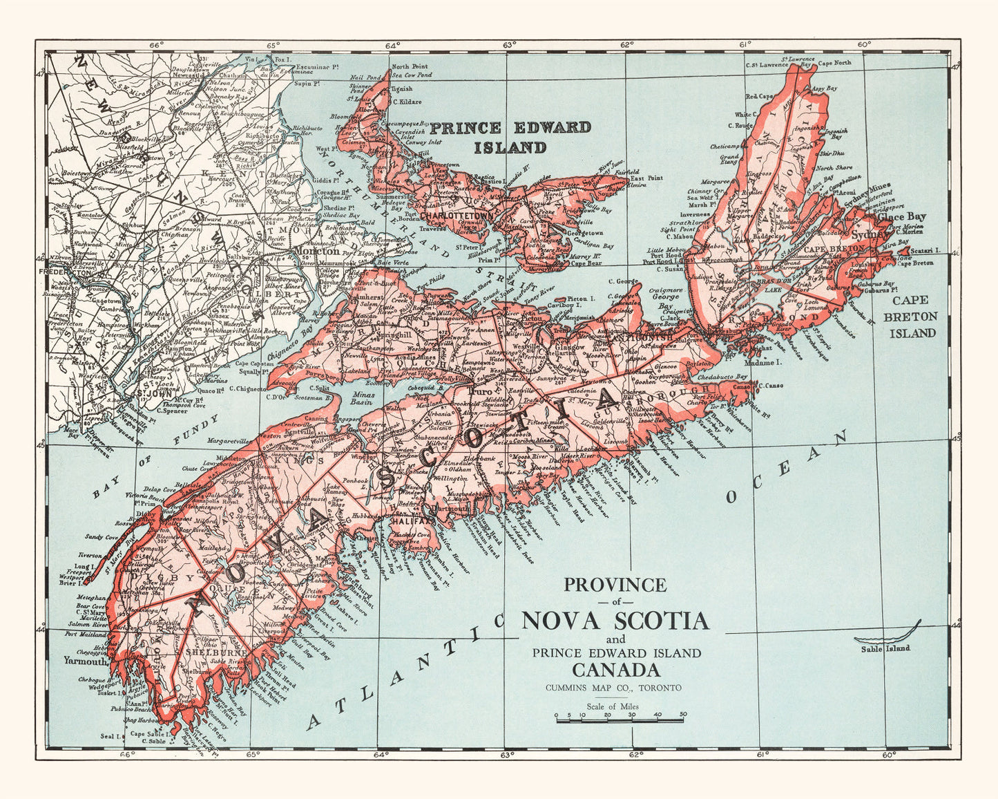 Vintage Map of Nova Scotia, Canada, 1925