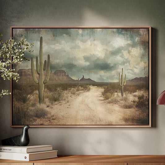 Rustic desert road with saguaro cacti vintage western landscape print