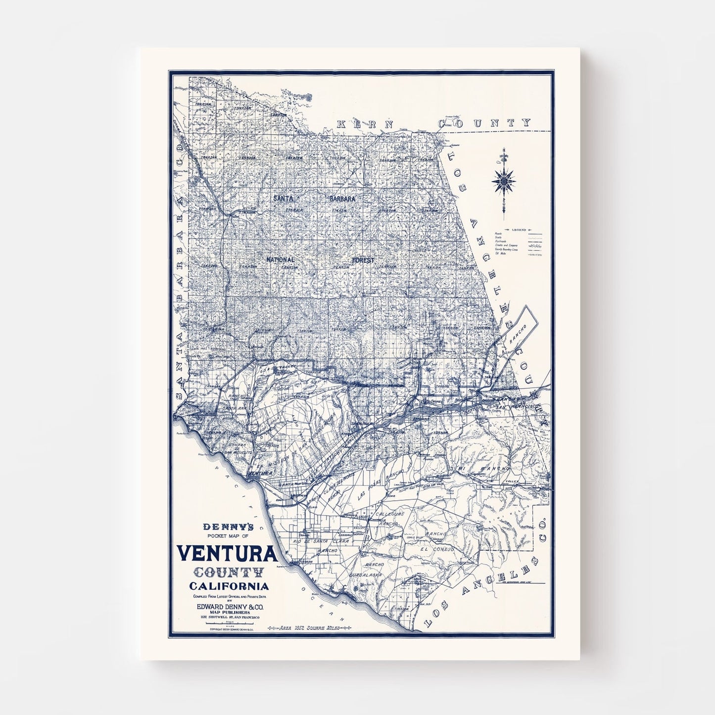 Vintage Map of Ventura County, California, 1913