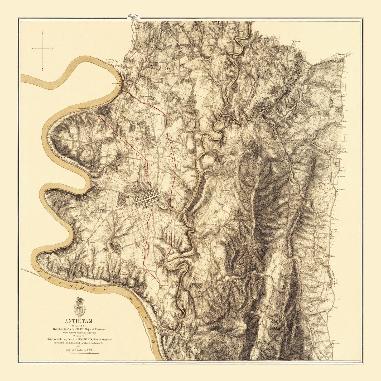 Vintage Map of the Battle of Antietam, Maryland, 1869