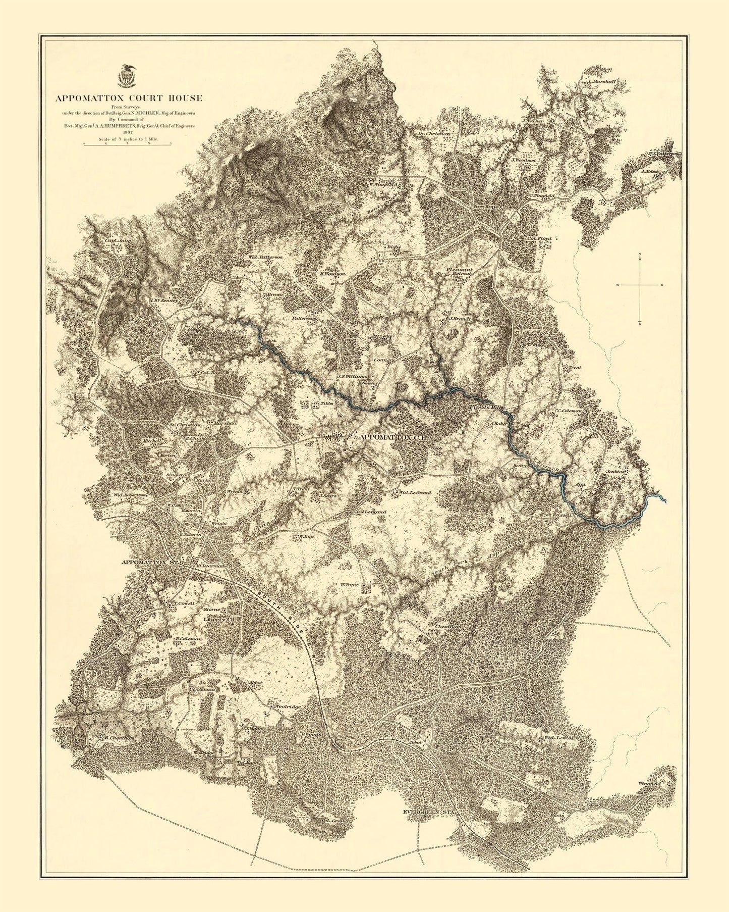 Vintage Map of the Battle of Appomattox Court House, Virginia, 1869