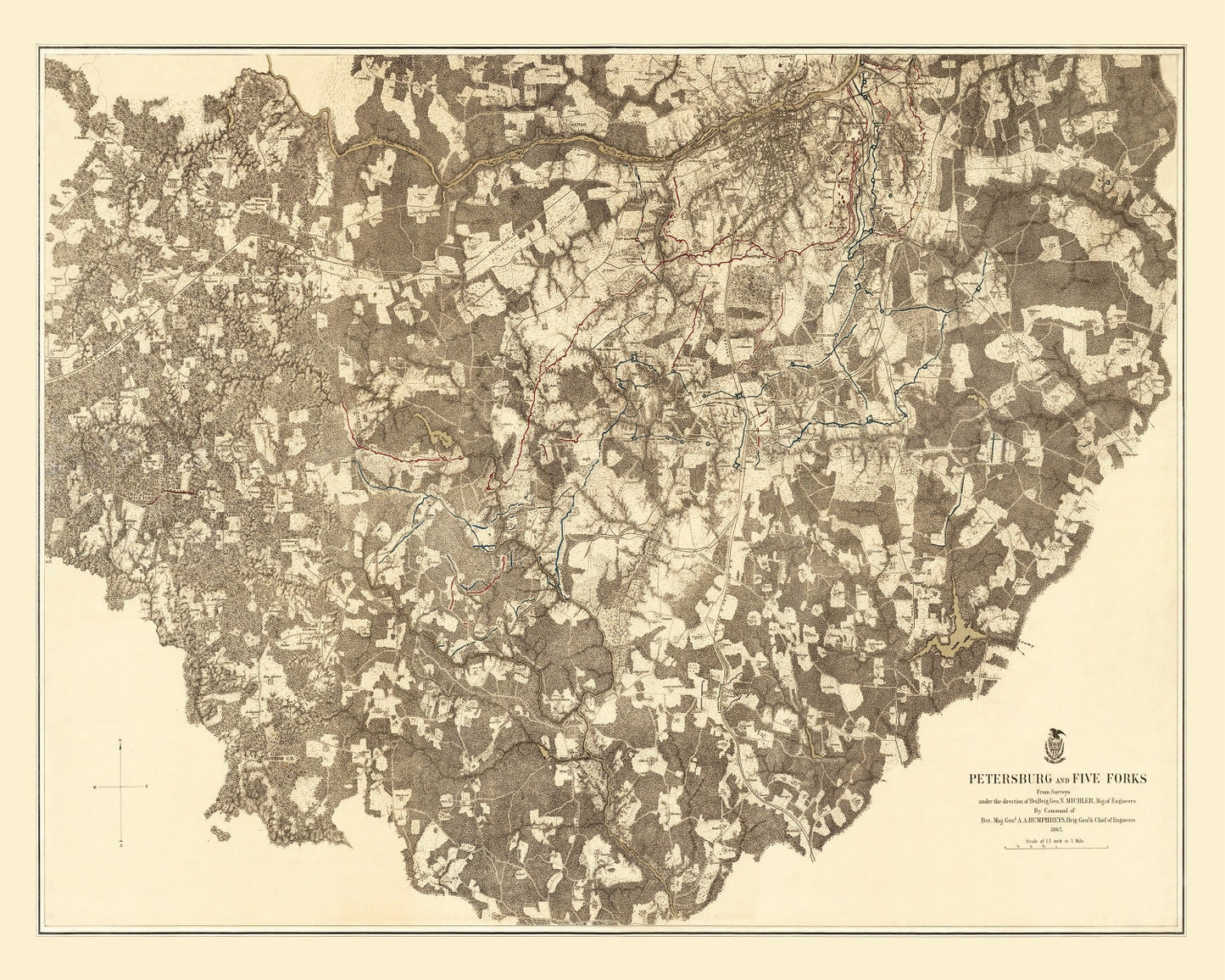 Vintage Map of the Battle of Petersburg and Five Forks, Virginia, 1869