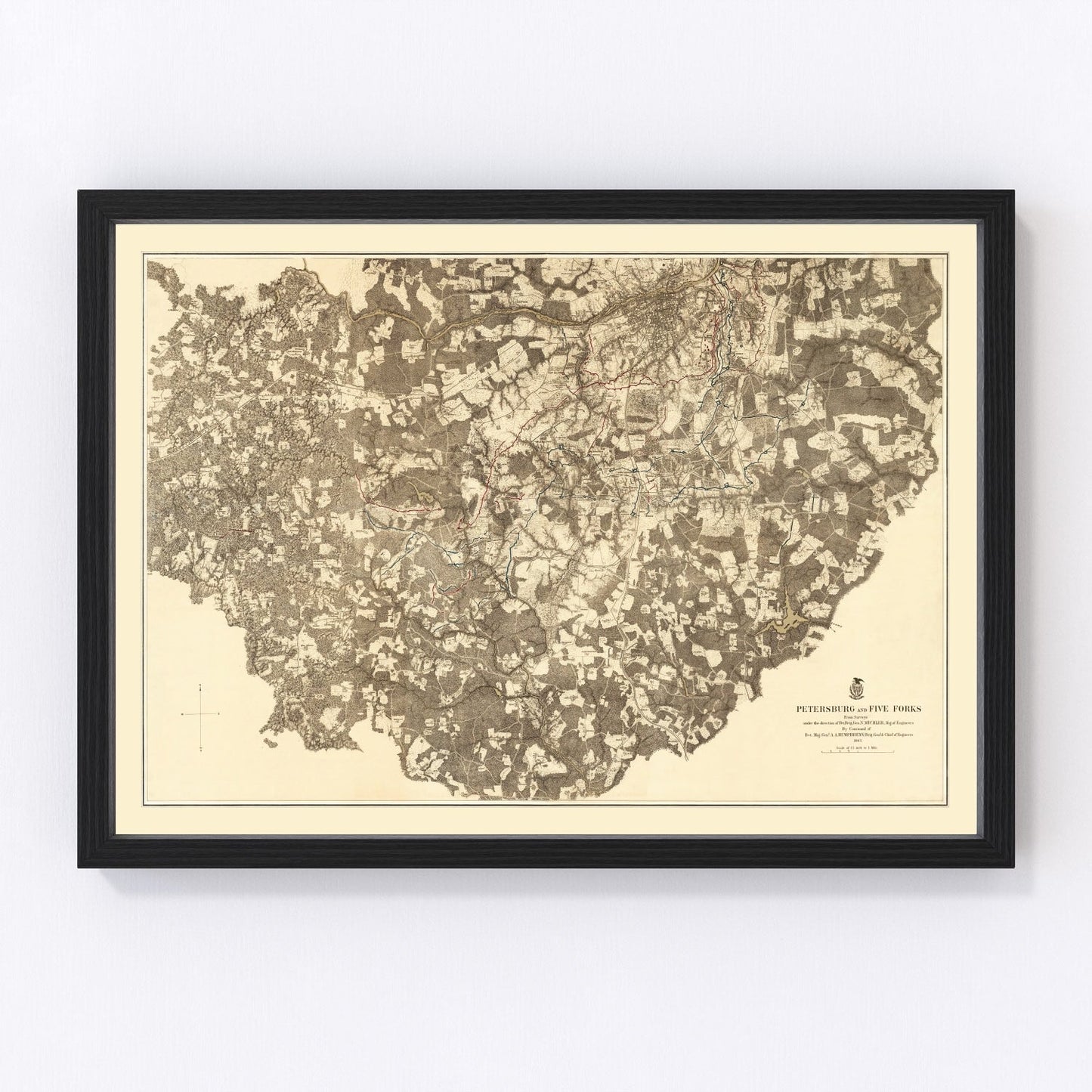 vintage map of the Battle of Petersburg and Five Forks, Virginia, 1869