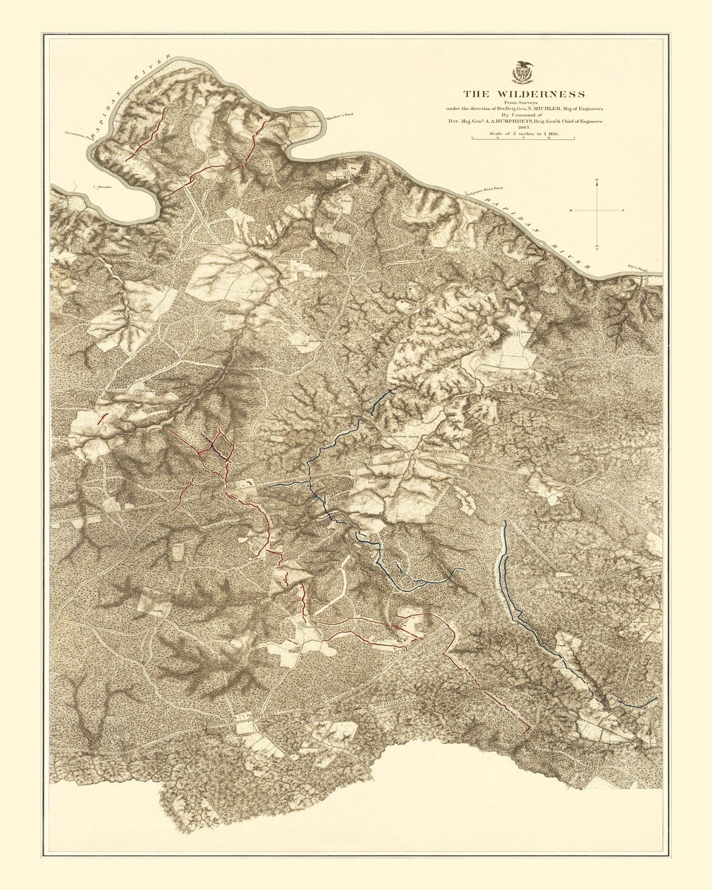 Vintage Wilderness Map of Virginia, 1869
