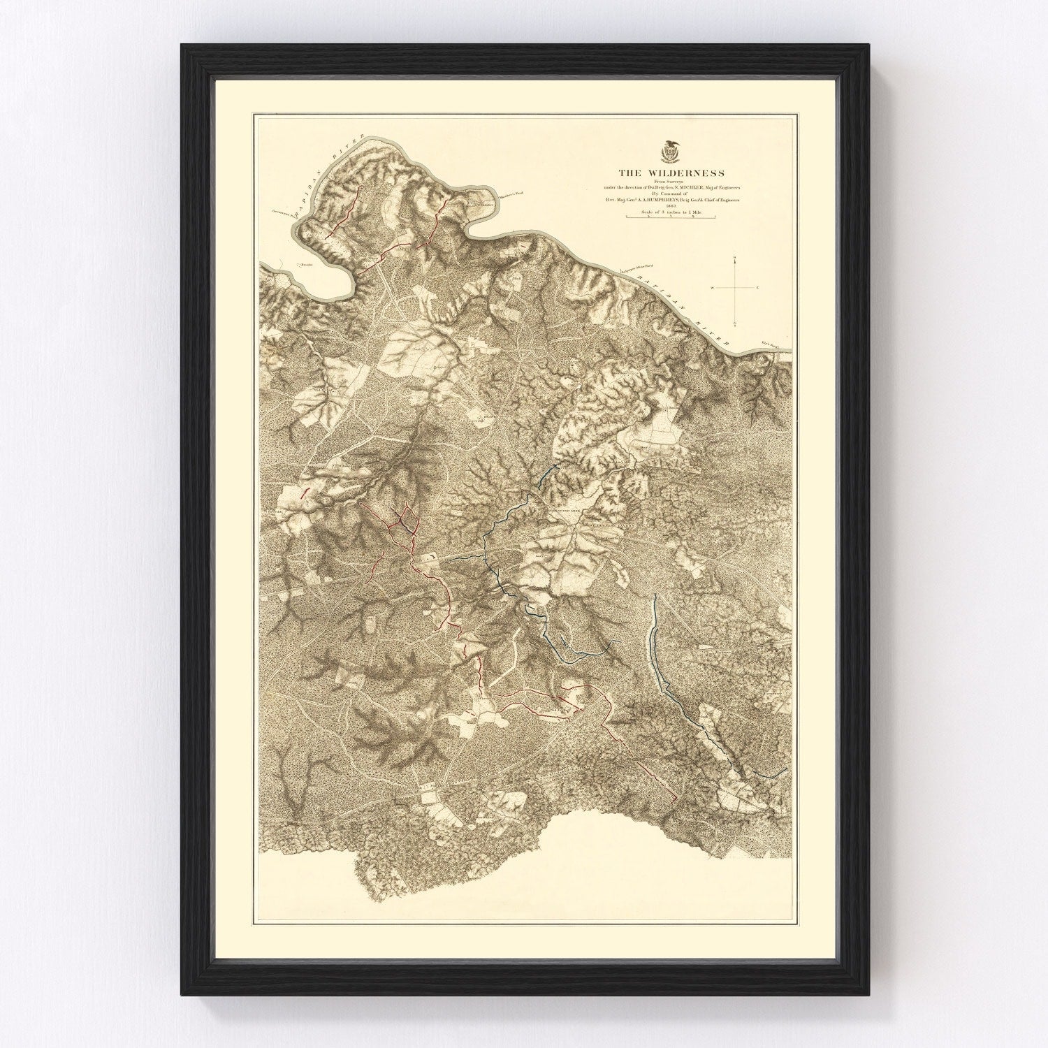 Vintage 1869 wilderness map of Virginia showing forests and rivers, restored cartographic print