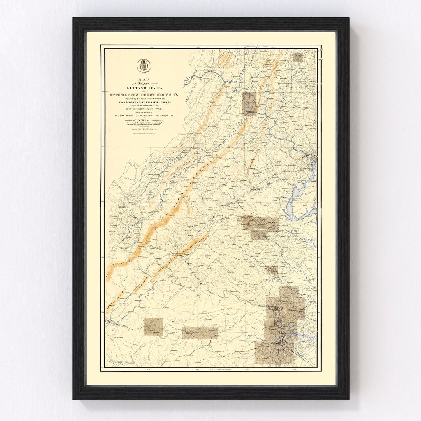 vintage map of the Gettysburg, Pennsylvania region, 1869