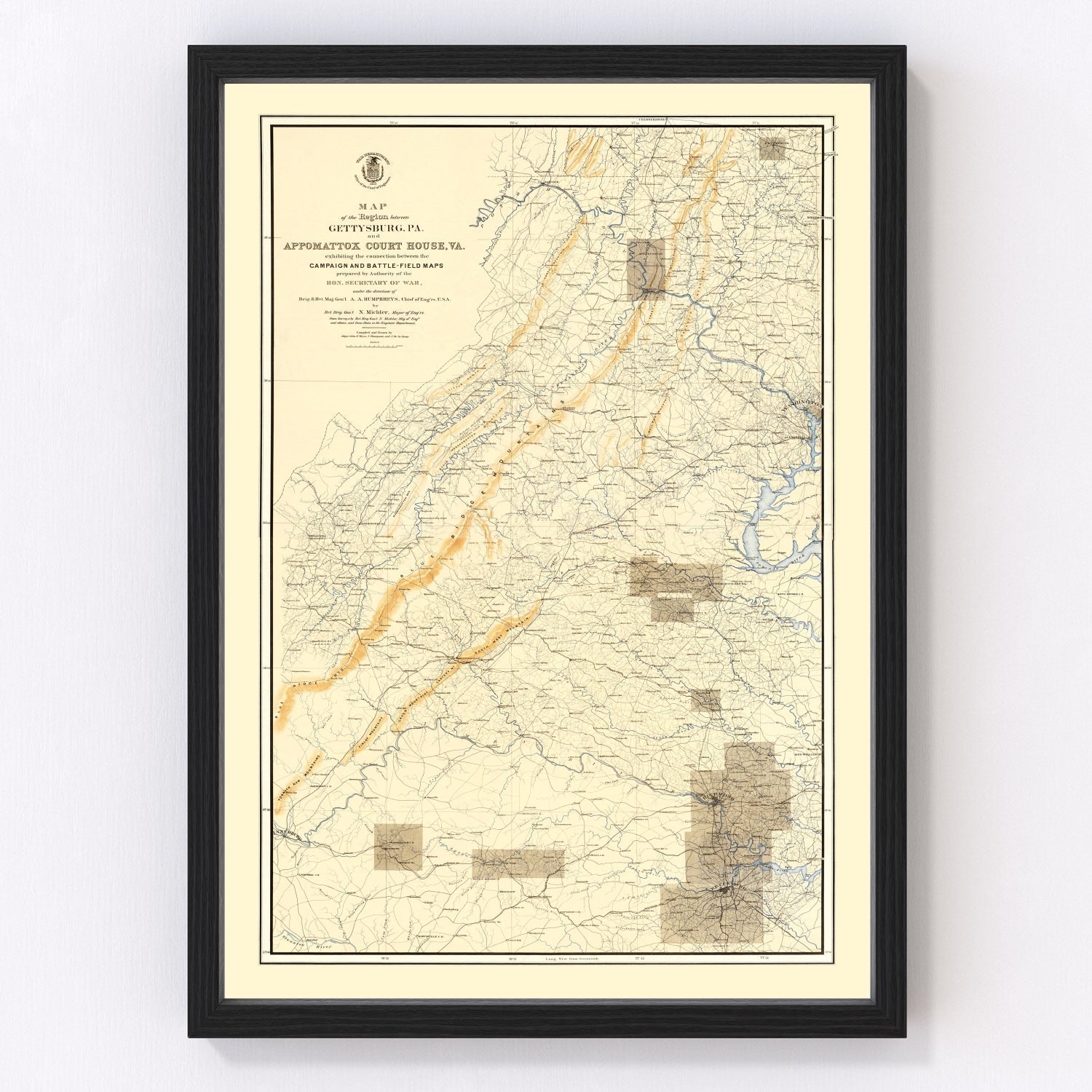 vintage map of the Gettysburg, Pennsylvania region, 1869