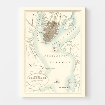 Vintage Map of Charleston, South Carolina, 1857 Wall Art
